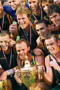 Australian players with the Sultan Azlan Shah Cup after defeating Malaysia 3-1 in the final in Ipoh