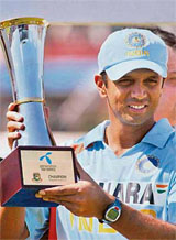 Rahul Dravid poses with the trophy for the ODI series on Tuesday.