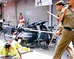 A number of protesters, mainly women and aged, were beaten by the Karnal police on Thursday.