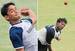 Ramesh Powar (left) and Rajesh Pawar bowl during a practice session at the Ruhul Amin Cricket Stadium in Chittagong on Thursday. 