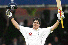 England�s Alastair Cook celebrates his century during the first Test against the West Indies at Lord�s on Thursday. 