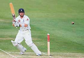 England�s Paul Collingwood plays a shot off the bowling of the West Indies� Corey Collymore during the second day of the first Test at Lord�s
