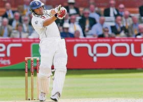 England�s Matthew Prior plays a shot on the second day of the first Test against the West Indies at Lord�s