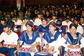 Students attend a function after the conclusion of their tour organised by 9th Garhwal Rifles under ‘Operation Sadbhavna’ at Mamun Cantonment near Pathankot on Sunday.