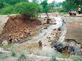 Farmers look at the damage caused by a breach in the Kandi canal (stage-I) at Datarpur village near Talwara on Sunday.