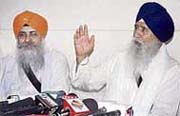 Giani Joginder Singh Vedanti, jathedar, Akal Takht, and Giani Iqbal Singh, jathedar, Patna Sahib, address a press conference at the Akal Takht secretariat in Amritsar on Monday