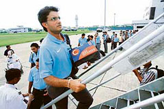 Sourav Ganguly boards a flight along with the other team members on way to Dhaka from Chittagong on Wednesday.