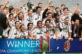 AC Milan�s team celebrate after winning the Champions League final against Liverpool at the Olympic Stadium in Athens on Wednesday. 