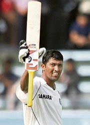 Wasim Jaffer reacts after scoring a century during the second Test against Bangladesh at the Sher-e-Bangla National Cricket Stadium at Mirpur in Dhaka on Friday. 