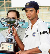 Rahul Dravid holds the trophy after India clinched the Test series 1-0 against Bangladesh at the Sher-e-Bangla Cricket Stadium at Mirpur in Dhaka on Sunday. India won the second Test by an innings and 239 runs.