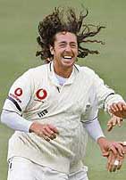 England�s Ryan Sidebottom celebrates after dismissing Devon Smith of the West Indies on the fourth day of the second Test at Headingley, Leeds, on Monday.