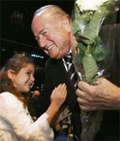 FIFA president Sepp Blatter receives a bouquet from a girl after being re-elected for a third term as president of world soccer�s governing body, on the second day of the 57th FIFA congress in Zurich on Thursday. 