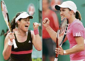 Serbia�s Ana Ivanovic (left) and Belgium�s Justine Henin celebrate after winning their quarterfinal matches at the French Open in Paris