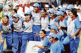 Asia XI women celebrate after beating Africa XI in the Twenty20 match at Chinnaswamy Stadium in Bangalore