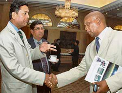 Asian Cricket Council chief executive Syed Ashraful Huq (left) welcomes International Cricket Council acting president Ray Mali in Chennai on Friday.