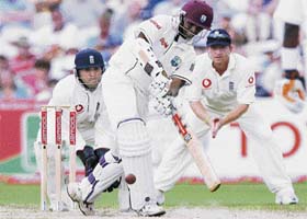 West Indies� Shivnarine Chanderpaul plays a shot on the fourth day of their third Test against England at Old Trafford in Manchester