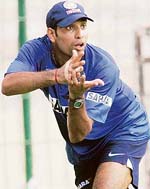 V.V.S. Laxman takes a catch on the last day of the batsmen�s camp at the Chinnaswamy Stadium in Bangalore