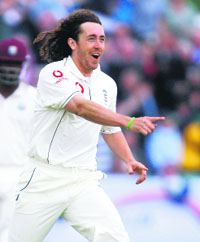 England�s Ryan Sidebottom celebrates after dismissing West Indian Darren Ganga with the first ball of day two of the 4th Test at the Riverside in Durham on Saturday.