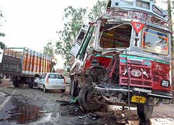 The scene of an accident involving two trucks on the Zirakpur-Rajpura road, near Jansua village, Rajpura, on Monday. A car later rammed into the trucks.