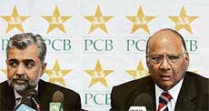 BCCI president Sharad Pawar (right) with Pakistan Cricket Board chairman Nasim Ashraf during a press conference at Bhurban, 60 km from Islamabad, on Monday.
