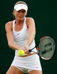 Slovakia�s Daniela Hantuchova plays a return to Russia�s Anastasia Pavlyuchenkova at Wimbledon on Tuesday. Hantuchova won 6-0, 6-1.