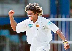 Lasith Malinga of Sri Lanka celebrates the dismissal of Bangladeshi batsman during the fourth day of the first Test in Colombo