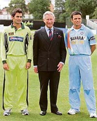 Prince Charles with Pakistan�s cricket captain Shoaib Malik (left) and India captain Rahul Dravid ahead of their Future Friendship Cup one day match at Citylets Titwood cricket ground in Glasgow (Scotland)