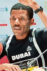 Ethiopian athletics legend Haile Gebrselassie at a press conference in Dubai
