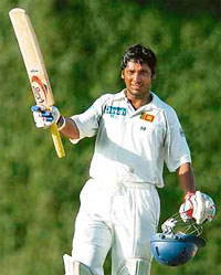 Sri Lanka�s Kumar Sangakkara celebrates his double ton during the second day of the second Test against Bangladesh in Colombo on Wednesday.