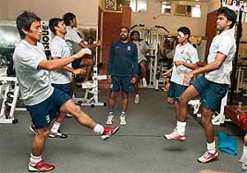Baichung Bhutia (extreme left) and team-mates work out at a gym in Gurgaon