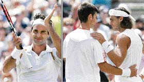 Roger Federer celebrates after beating Richard Gasquet in the semifinal at Wimbledon on Saturday; Rafael Nadal consoles Novak Djokovic after the latter retired hurt to concede the semifinal