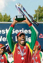 Captain Chris Gayle holds the trophy after the West Indies beat England in the third one-dayer at Trent Bridge, Nottingham, on Saturday to win the series 2-1. � AP/PTI