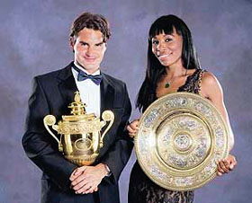 Roger Federer with Venus Williams during the Wimbledon Champions Dinner at a hotel in London on Sunday. 
