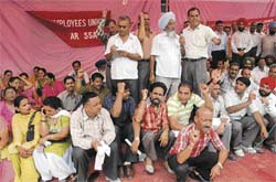 BSNL employees hold a dharna in Jalandhar on Wednesday.