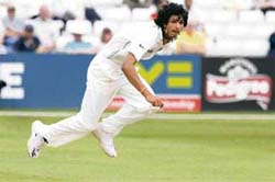 India�s Ishant Sharma delivers a ball to England A�s Joe Denly during the last day of the three-day match in Chelmsford