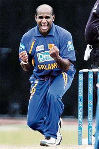 Sri Lanka�s Sanath Jayasuriya celebrates the dismissal of Bangladesh�s Syed Rasel during the second one-dayer at the R. Premadasa Stadium in Colombo