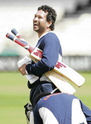 Sachin Tendulkar takes part in a team training session at the Brit Oval in central London, on Wednesday.