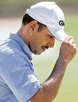Jeev Milkha Singh reacts after making a birdie putt on the fifth hole during the first round of the 89th PGA Championship golf tournament in Tulsa, Oklahoma, on Thursday. 