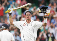 England batsman Kevin Pietersen celebrates his century during the fifth day of the third Test between England and India at the Oval cricket ground in London on Monday.