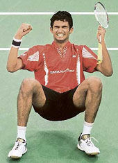 Anup Sridhar exults after beating Malaysia�s Muhd Hafiz Hashim during the World Badminton Championship in Kuala Lumpur on Thursday. 