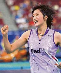 China�s Zhu Lin celebrates after winning the women�s singles title at the World Badminton Championship in Kuala Lumpur