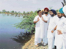 Acting president of the SAD Sukhbir Badal visits flooded areas of Muktsar district on Wednesday.