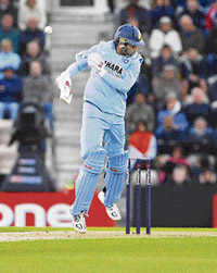 Yuvraj Singh gets hit by a rising delivery during the first NatWest one-day international at the Rosebowl in Hampshire on Tuesday.