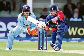 Ian Bell prepares to hit a ball from Ramesh Powar during their one day international at Edgbaston, Birmingham