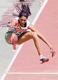 Anju Bobby George competes in the qualification for the Women's Long Jump at the World Athletics Championships Monday in Osaka, Japan