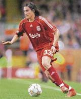 Liverpool's Argentinian footballer Sebastian Leto in action against Toulouse during their UEFA Champions League, third qualifying round, second leg football match at Anfield, Liverpool, north-west England on Tuesday. 