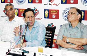 Samir Thapar, president of the Punjab Football Association, addresses a press conference in Ludhiana