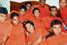 Bhaichung Bhutia, captain of Mohan Bagan, hemmed by his teammates in Mohali before leaving for Federation Cup, which began in Ludhiana