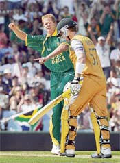 Shaun Pollock celebrates bowling out Brad Haddin in Centurion during a Twenty20 World Cup warm-up match between South Africa and Australia on Sunday. South Africa won by 8 wkts 