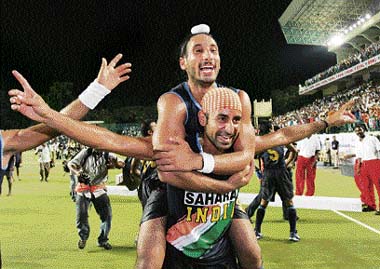 Prabhjot Singh (hands outstretched) celebrates with teammate Sardara Singh after India�s win over Korea in the final at the seventh Asia Cup Hockey tournament in Chennai on Sunday. India defeated Korea 7-2